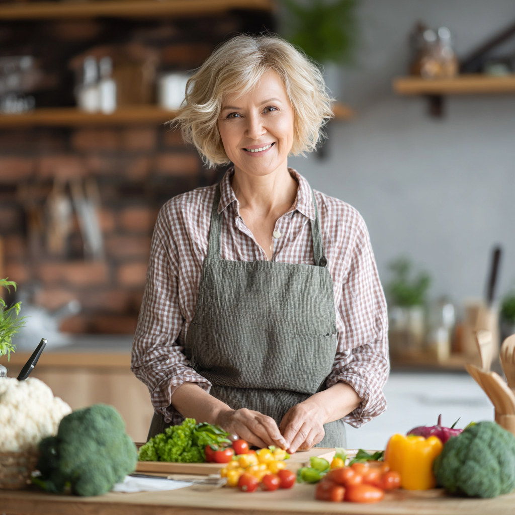 Happy middle-aged Ukrainian woman preparing healthy meal in kitchen