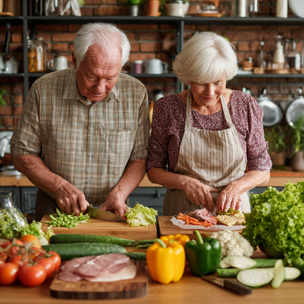 Happy Ukrainian family cooking healthy meal together in modern kitchen